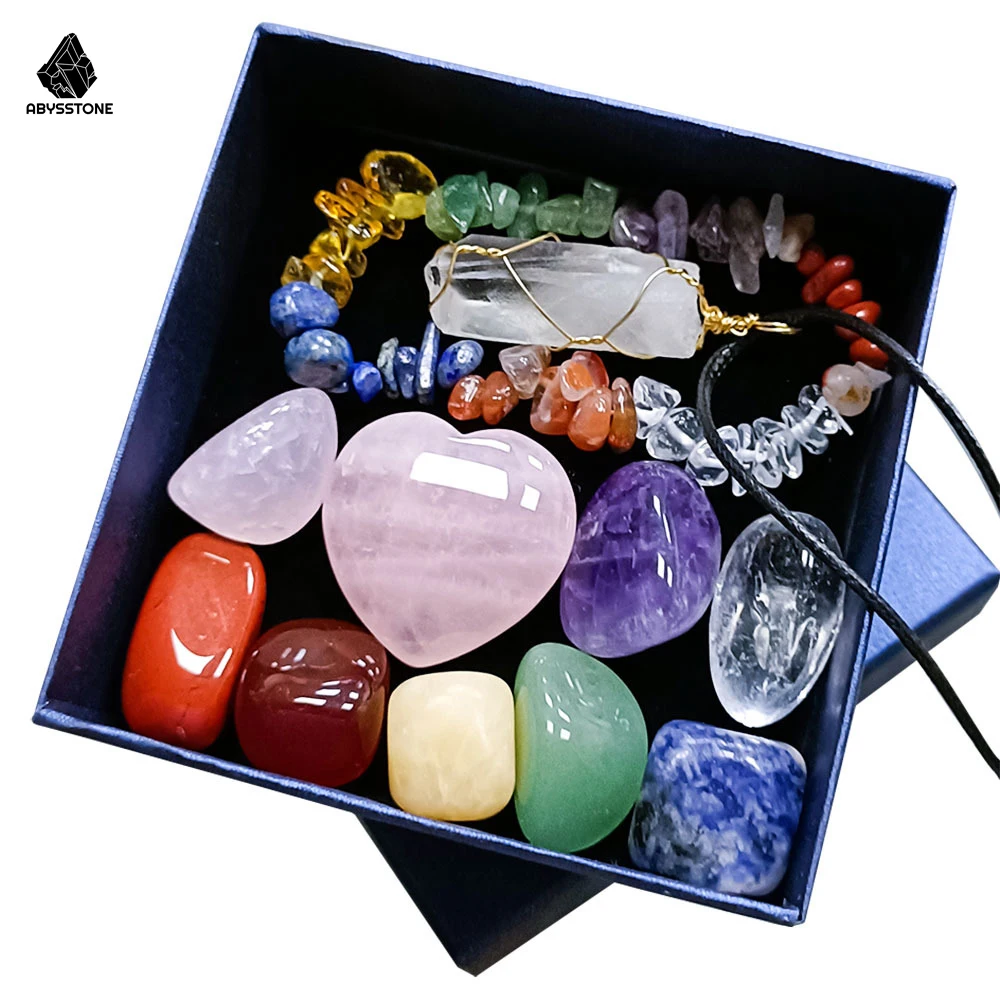 

Seven Chakra Energy Gemstone Natural Amethyst Crystal Pendant Bracelet Ornaments Box Rose Quartz Wicca Witchcraft for Home Decor