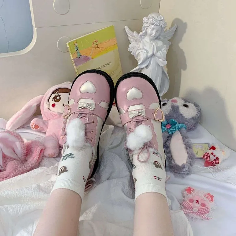 

Winter kawaii girl sweet lolita shoes vintage round head plus cashmere keep warm women cute plush ball love heart kawaii shoes