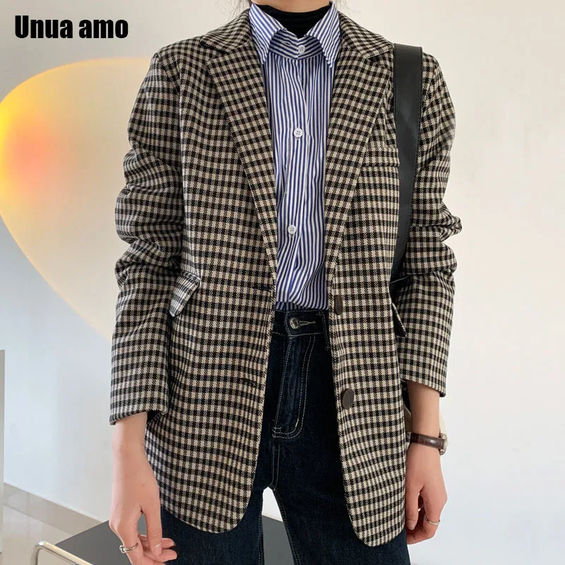 

Unua amo Autumn Plaid Blazer Femme Single Breasted Suit Jacket For Women 2021 Fashion Loose Vintage Americana Mujer Outwear