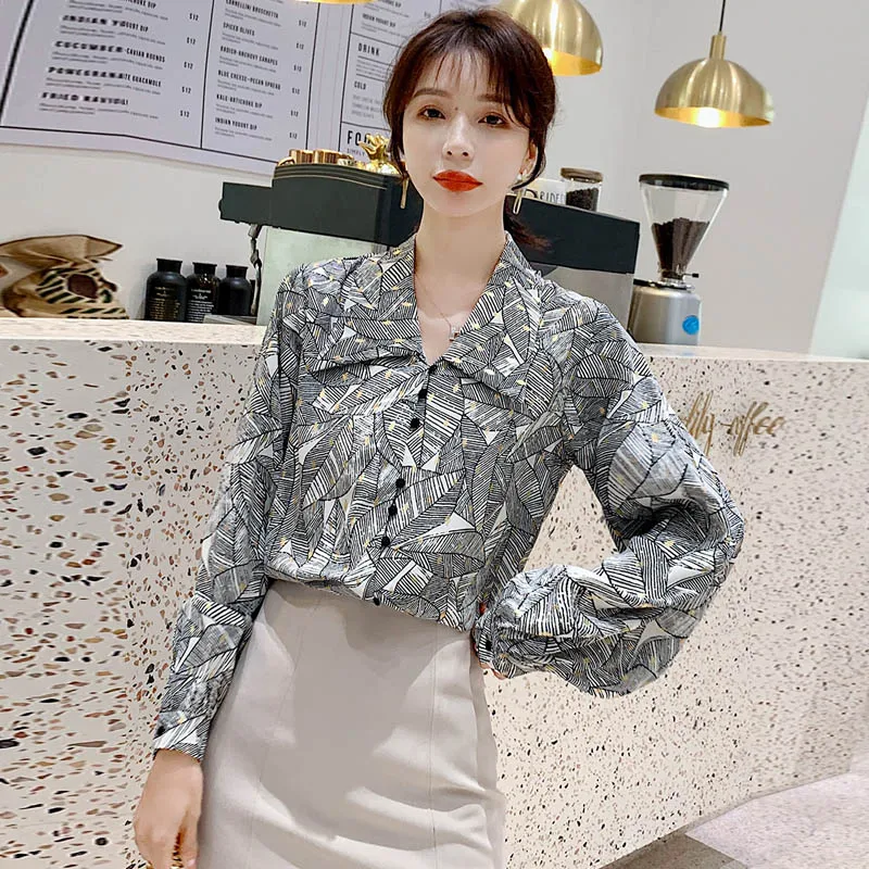 Женская рубашка на пуговицах размера плюс Vinatge шифоновая с листьями из