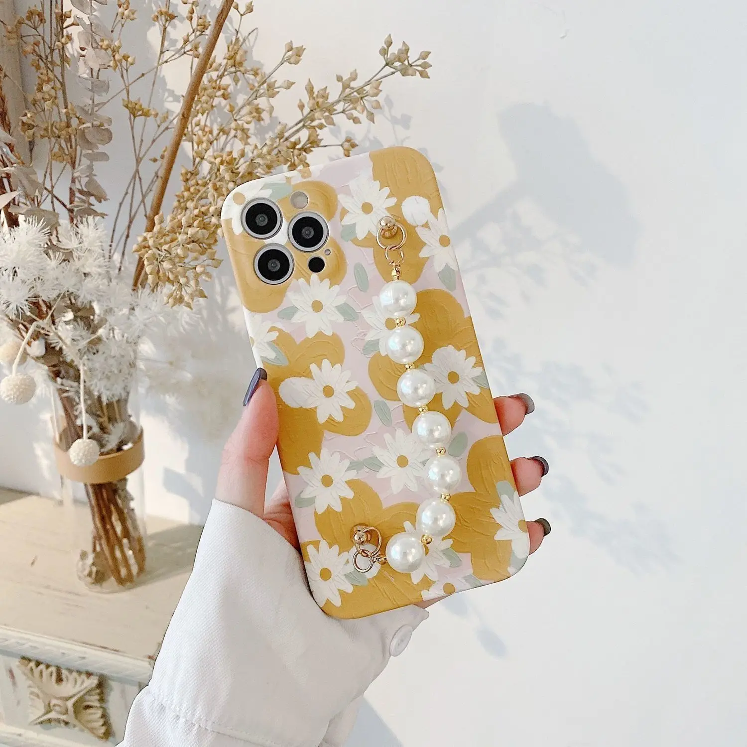 

Oil Painting Flower Iphone 11 Mobile Phone Case 12/11Promax Liquid 7P/8P Soft Pearl Bracelet Xs/X/Se