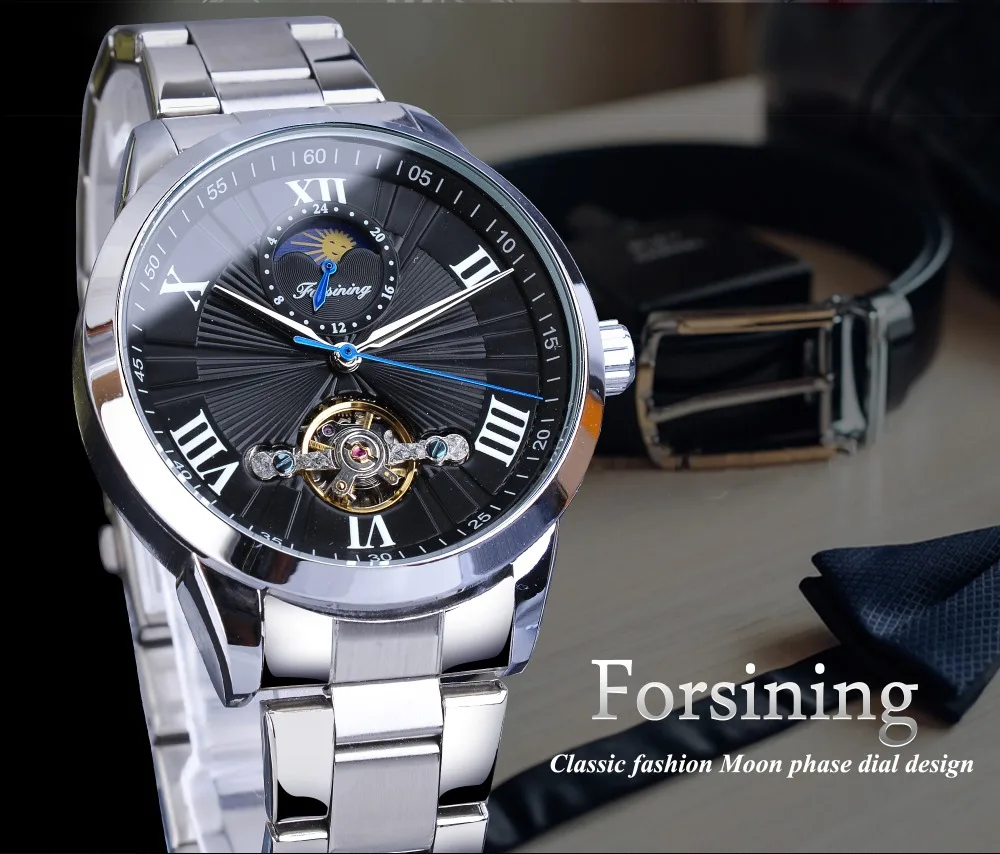 Forsining классические мужские Tourbillon механические часы модный бренд черный Moonphase бизнес стальной ремешок автоматические часы Reloj Hombre