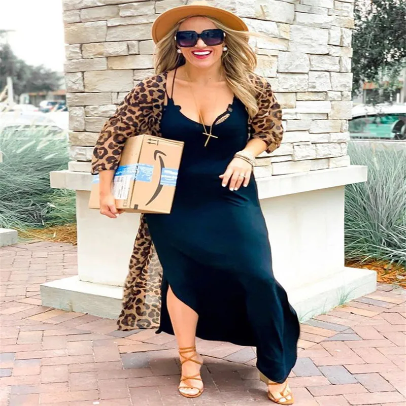 

European American New Leopard Point Chiffon Loose Long Cardigan Beach Sunscreen Coat Bikini Blouse Swimsuit