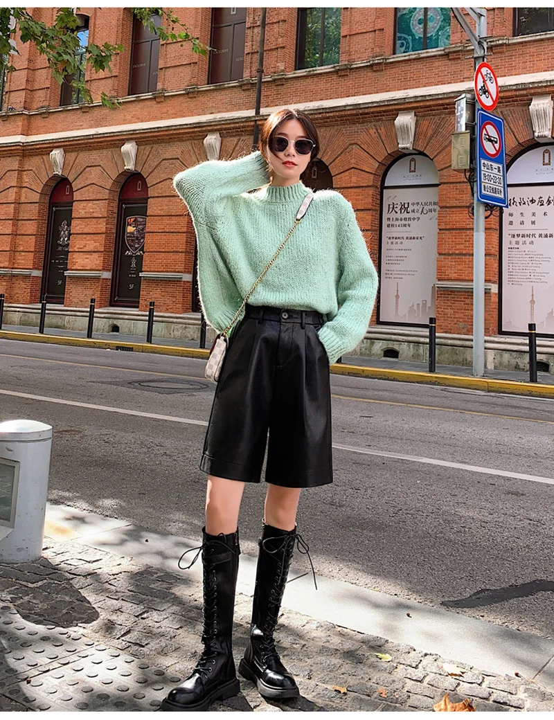 

Women Fashion Pu Leather Shorts Autumn Winter Bermuda Elastic Waist Loose Five Points Leather Trouser Shorts