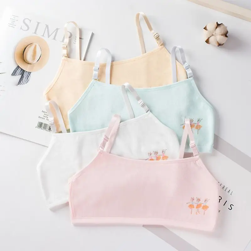 

Children Young Girls Double Layer Cotton Training Bra Cartoon Ballet Dancer Print Bralette Adjustable Spaghetti Straps