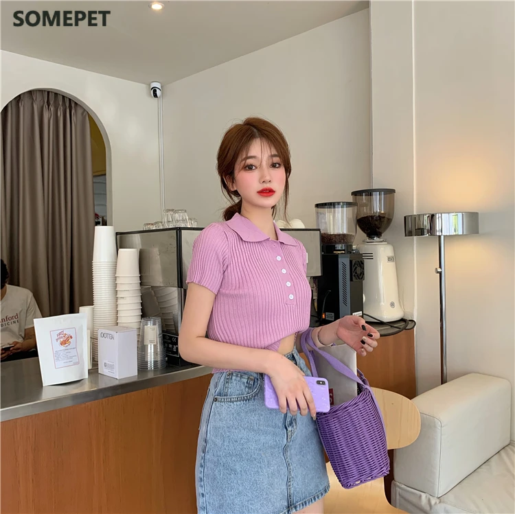 

Ribbed Exposed Navel Stretch Knitwear Short Sleeve Thin Tops Women Knitted Buttons Cropped Sweater Summer Turn Down Collar Shirt