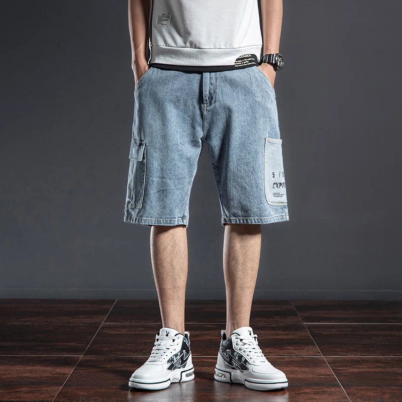 

High quality Plus Size 40 42 Men Short Jeans Summer New Fashion Casual Loose Straight Denim Shorts Male Brand Blue