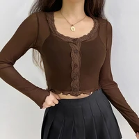 autumn sexy mesh transparent crop top t shirt women long sleeve tshirt ladies button up party club see through brown tee shirt