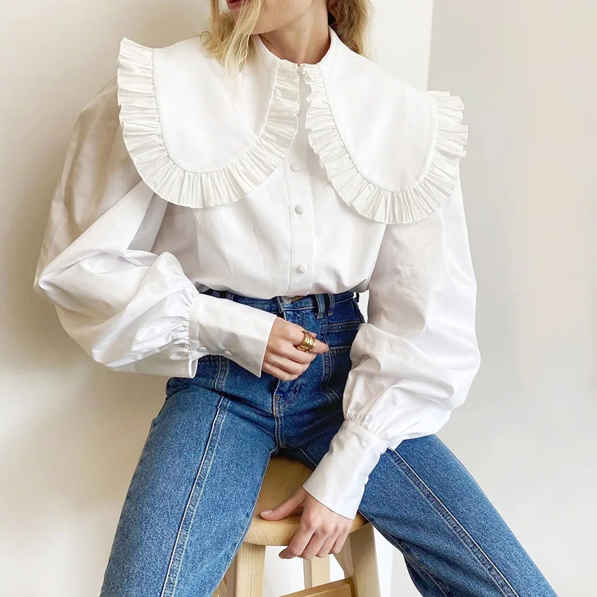 

Big Peter Pan Collar Blouses Women Ruffle Shirts Long Sleeve Cotton Casual Tops Female Simple Frill White Shirt Camisas Mujer