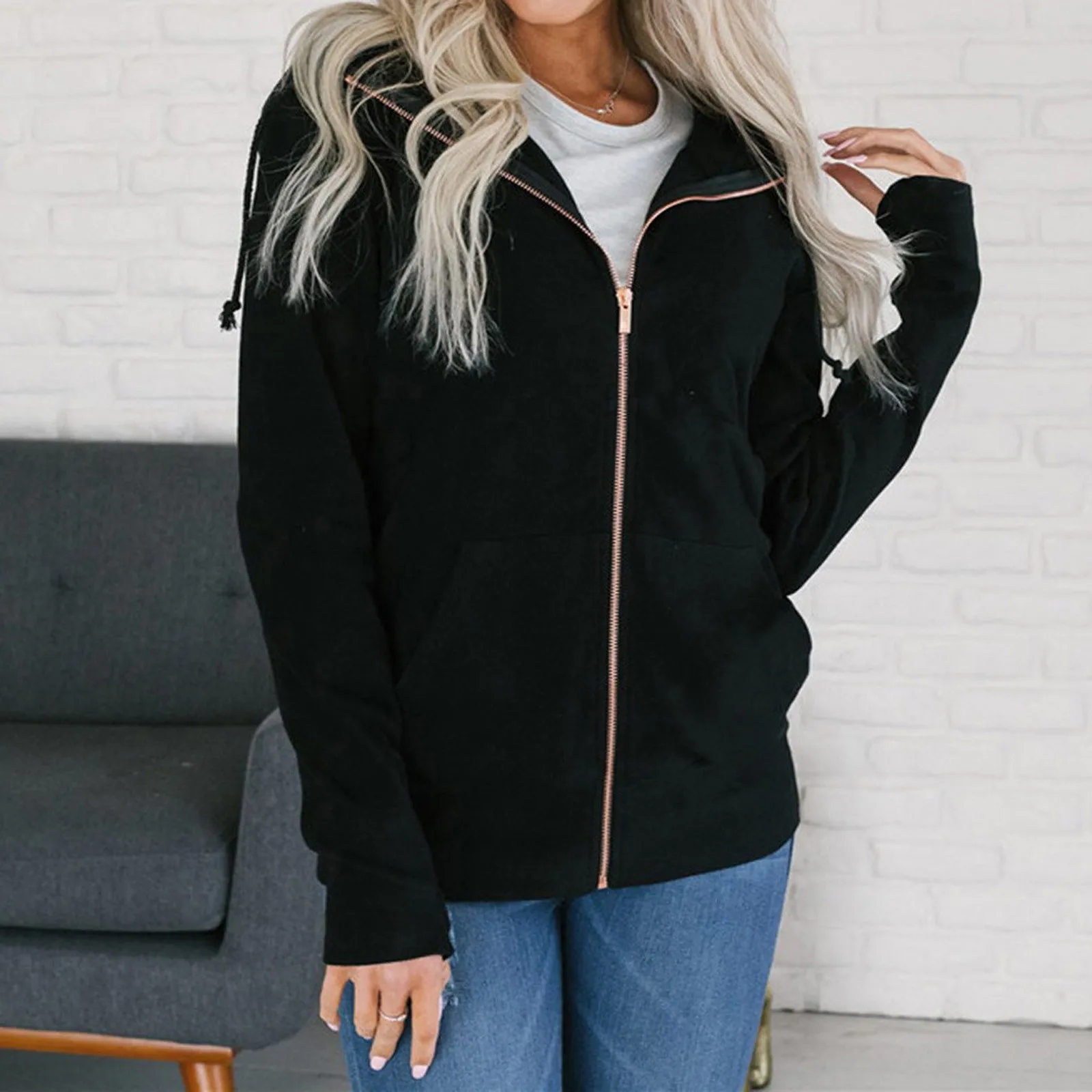 

Fashion Solid Hooded Jacket Coat Casual Sweatshirt Pockets Zipper Coat Streetwear Female Winter Long Sleeve Womens Outerwear
