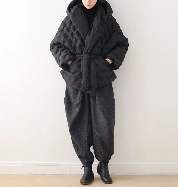 Осень зима новые женские черные парки с капюшоном пояс свободные теплые пальто