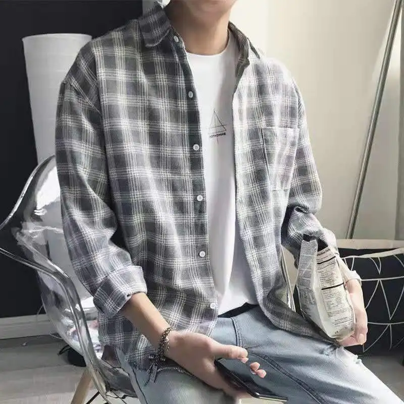 

Long Sleeve Shirt Spring and Autumn Youth Korean Lapel Plaid Loose Casual Jacket