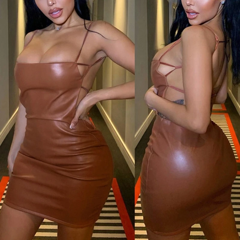 

Women Sexy Faux Leather Spaghetti Straps Backless Package Hip Bodycon Mini Dress