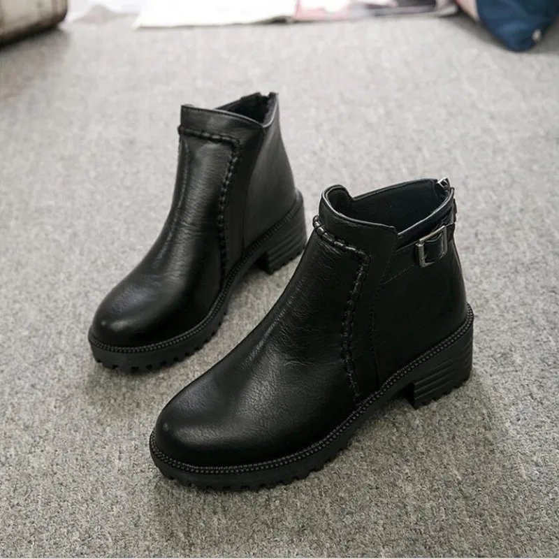 

2020 Large 35-43 Black Mid Heel Martin boots British style Nude shoes Thick bottom thick heel short boots