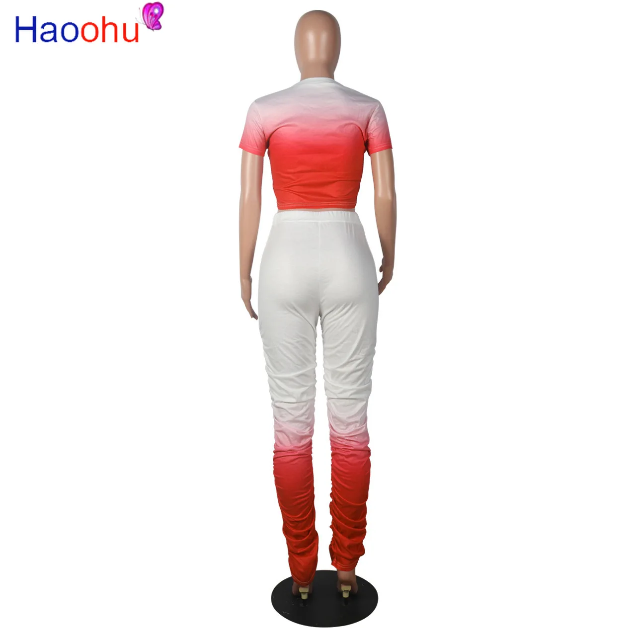 

HAOOHU Women Sport Gradient two piece set Tracksuit o-neck T-shrit Stacked Flare jogger Suit Sweatpants Matching Set outfit