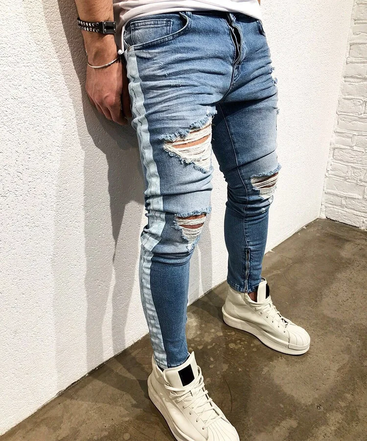 Джинсы мужские рваные в полоску облегающие брюки джоггеры из потертого денима