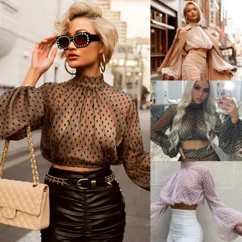 New Puff Sleeve Crop Top Women See-through Sheer Mesh Tank Top Dot Print Turtle Neck Shirt Blouse Fashion Female Tops Newest