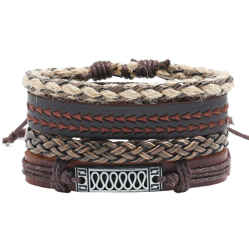 

AJC DIY Cowhide Suit Bracelets Bohemian style handwoven vintage leather bracelets hemp rope men's bracelets