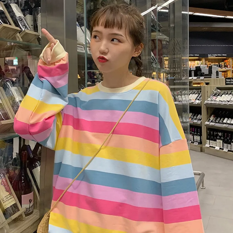 

T Shirt Women Rainbow Stripes Loose O-neck Long-sleeved T-shirt Fashion Personality Sweet Casual Shirt Tops