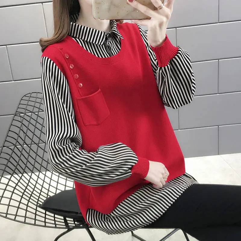 

Fake two-piece shirt collar sweater autumn and winter women's 2020 new fashion loose Joker outer shirt knitted base shirt