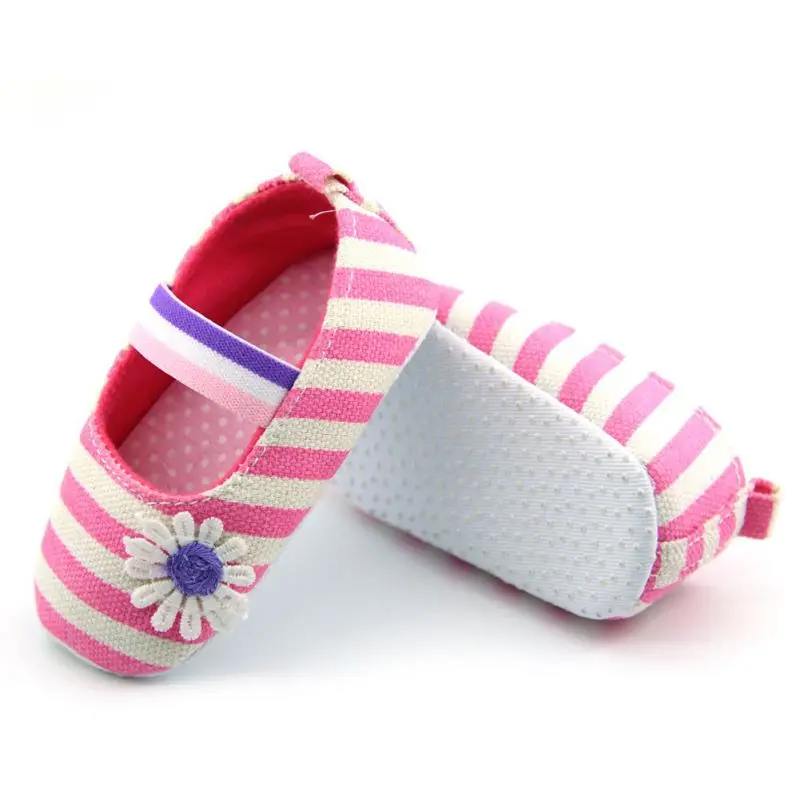 

Newborn First Walker Baby Girls Flower Cotton Shoes Soft Soled Striped Crib Shoes Age 0-18M