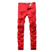 new fashion mens ripped biker jeans 100 cotton red black white slim fit motorcycle jeans mens skinny hole denim joggers pants