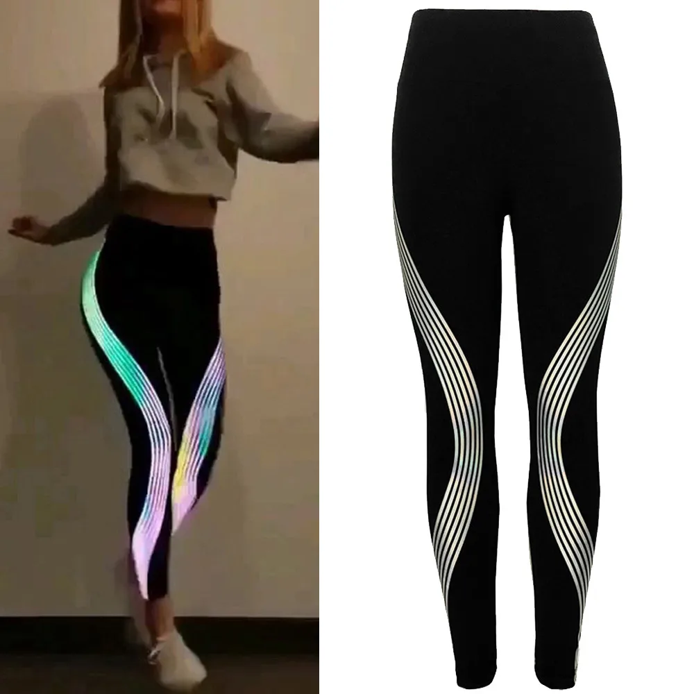 

Sexy High Waist Sport Leggings Women Neon Rainbow Leggings Fitness Sports Gym Running Athletic Pants Squat Proof Pants