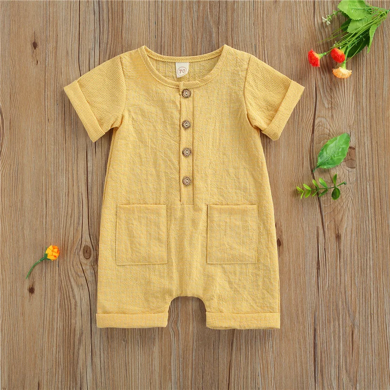 

Baby Boys Girls Summer Casual Jumpsuit,Newborn Baby Yellow O-Neck Short Sleeve Pocket Decoration Chest Button Romper,0-12Months
