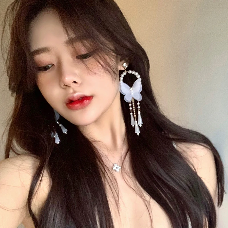 Серьги в сеточку с бабочкой Корейском стиле темпераментные Висячие длинные