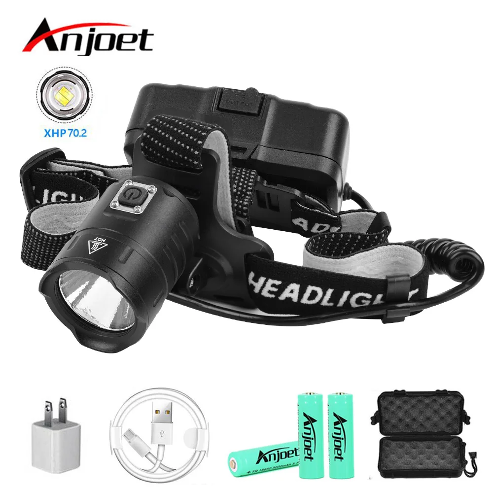 Налобный фонарь Anjoet XHP70, суперяркий, светодиодный, USB, перезаряжаемый, 18650, для рыбалки, велосипеда, фонарик, фонарь для кемпинга