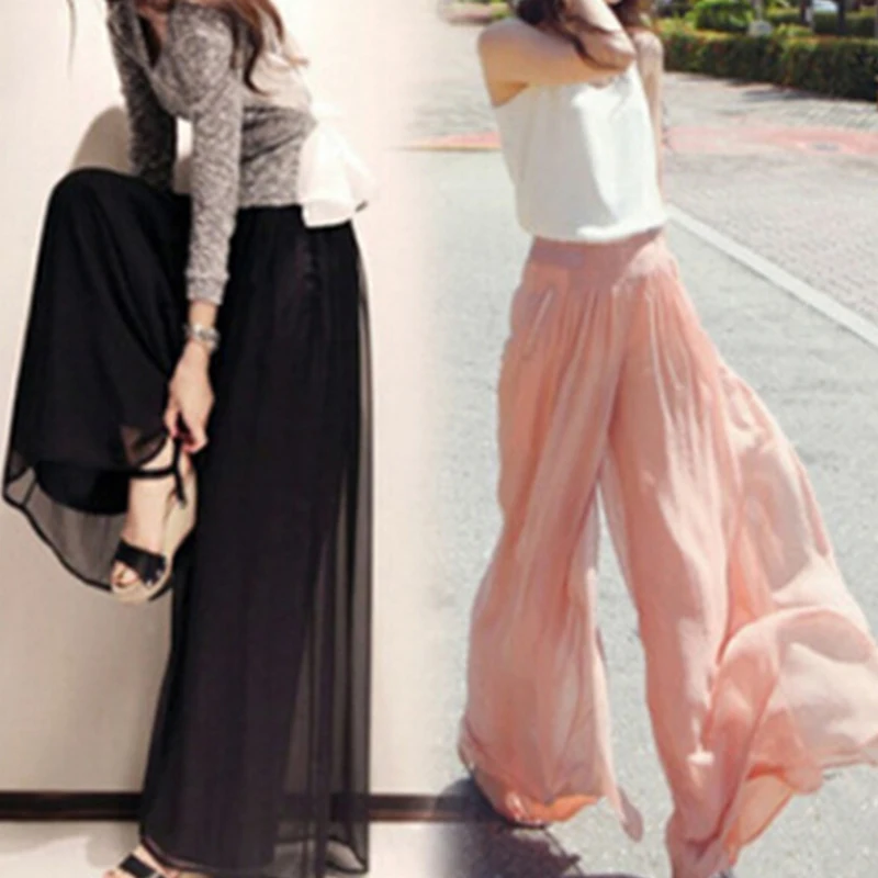 

Summer Women Wide Leg Pants Fashion High Waist Elegant Skirt Pants Female Pink Black Chiffon Loose Dance Pants