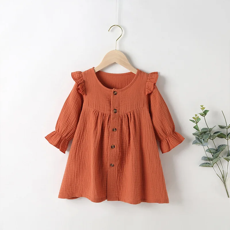 

Winter 2021 New Arrivals Girls Dress Cotton Long Sleeve Single Breasted Brown Solid Ruffles Cute Streetwear Dresses 0-24M