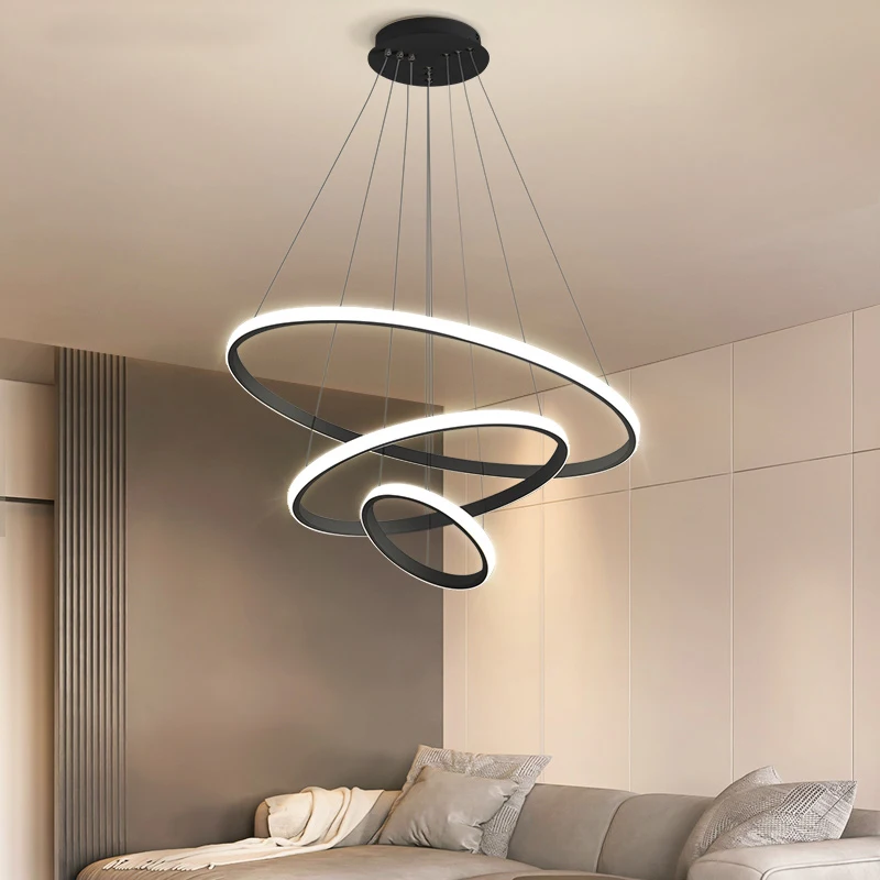 

Modern Pendant Lamp Led Rings Circle Ceiling Hanging Chandelier Black Loft Living Dining Room Kitchen Indoor Lighting Fixture