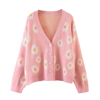 women y2k cute pink sweet sweater cardigan button loose knit coat 2021 autumn spring casual long sleeve v neck floral sweaters