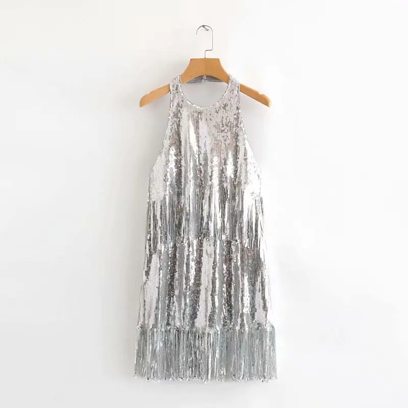 sexy silver sequined party dress women sleeveless backless tassel dress elegant ladies vestido - Цвет: silver