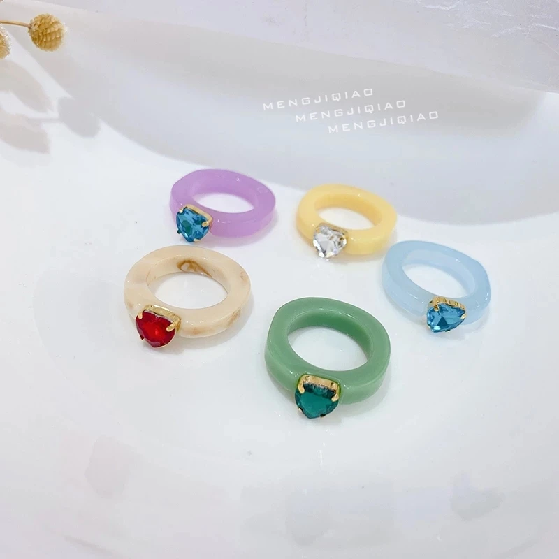 

2021 Korea Fashion Vintage Acetate Colorful Resin Geometric Round Heart Crystal Rings Set For Women Girls Simple Jewelry Gifts