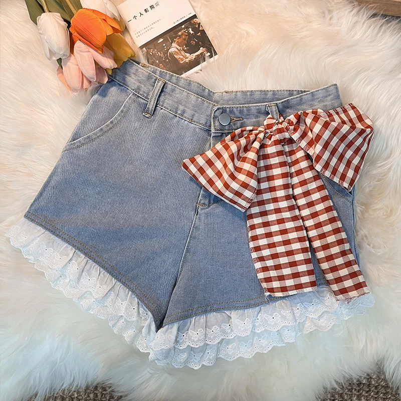

Denim Wide-leg Super Cute Shorts Women Summer High-waist Lace Lace Pants Show Thin Legs Long Hot Pants Loose