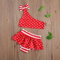 Girlu2019s Polka Dot Swimsuit Set Fashion Bow One-Shoulder Sleeveless Top Skirt Stitching Swim Shorts