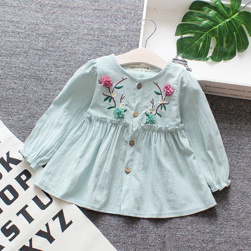 

ACE LOVE drawstring lantern Sleeve floral Baby Girls Clothes Children dress causal denim embroidery infant dresses