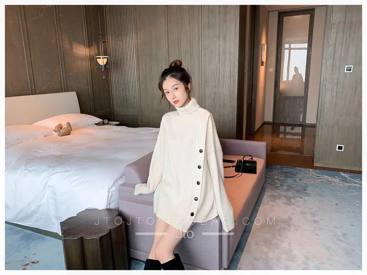 

new Women Casual Turtleneck Long Sleeve Oversized Sweater Pullover With Buttons Knit Loose Jumper Tops Winter New Sweaters