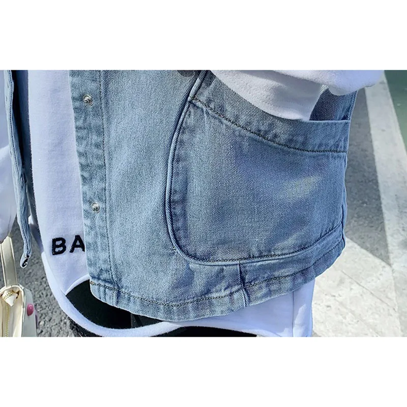 

Pearl Beaded Light Blue Denim Vest Stand-up Collar Short Big Pocket Women Waistcoat Vintage Autumn Casual Jeans Sleeveless Tops