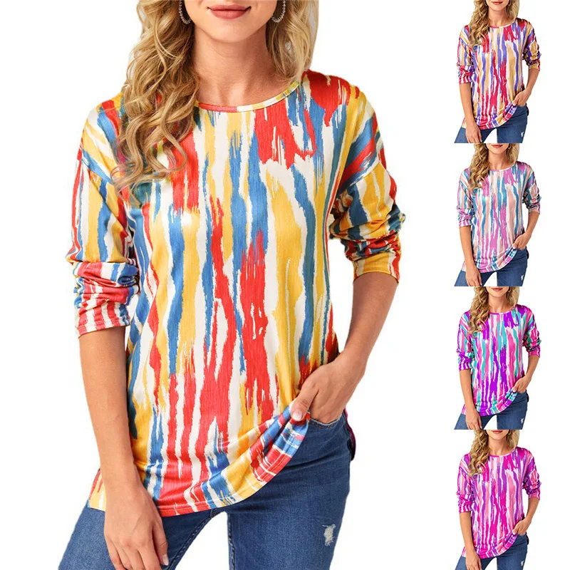 

Hot sale hot style 2021 new top loose rainbow printing vertical stripes fashion European and American women's clothing