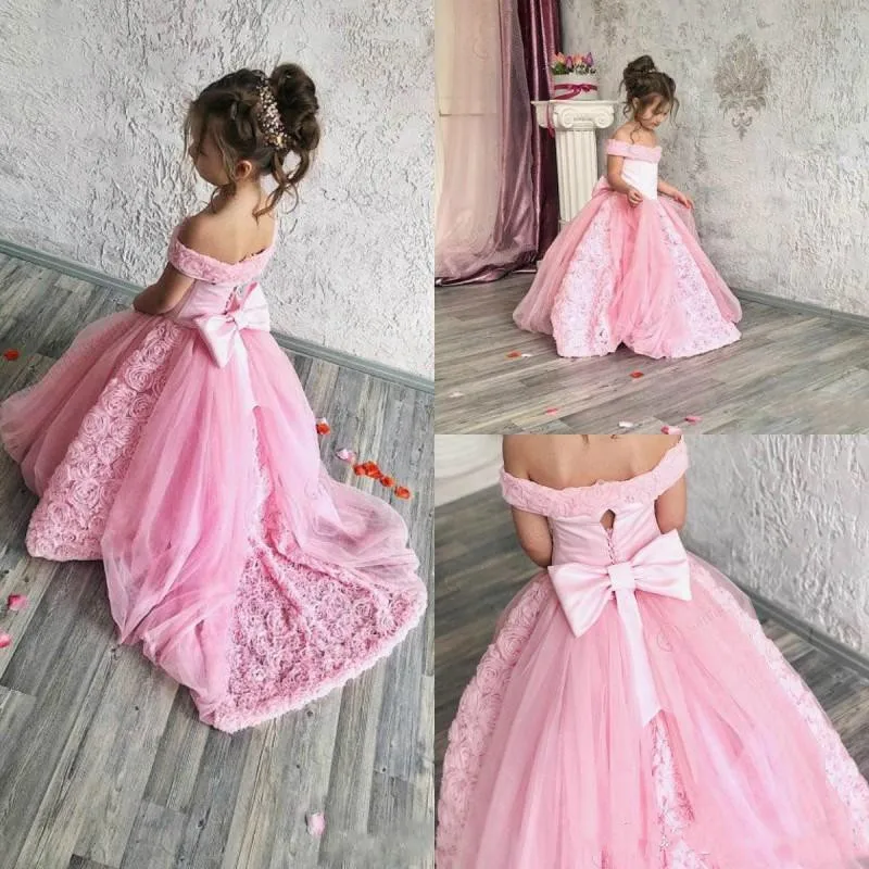 Pink Tulle Flower Girl Dress For Wedding Kids Pageant Gowns Kids Birthday Party Dress Long Train