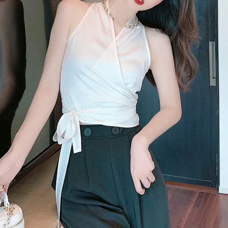 

Women's Tank Tops Satin Chiffon Tops for Women Neck Off Shoulder Clothing Women White V-neck Sleeveless Top Woman Basic Camisole