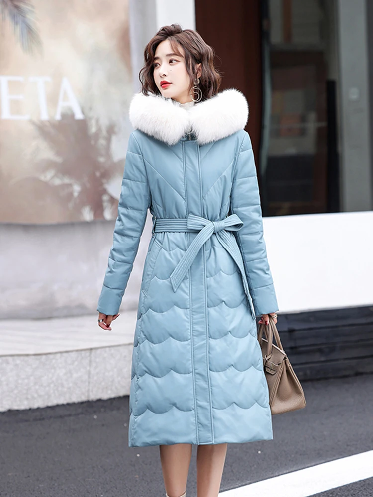 New Women Sheepskin Down Jacket Autumn Winter 2022 Elegant Fashion Real Fox Fur Collar Thick Warm Slim Long Leather Overcoat