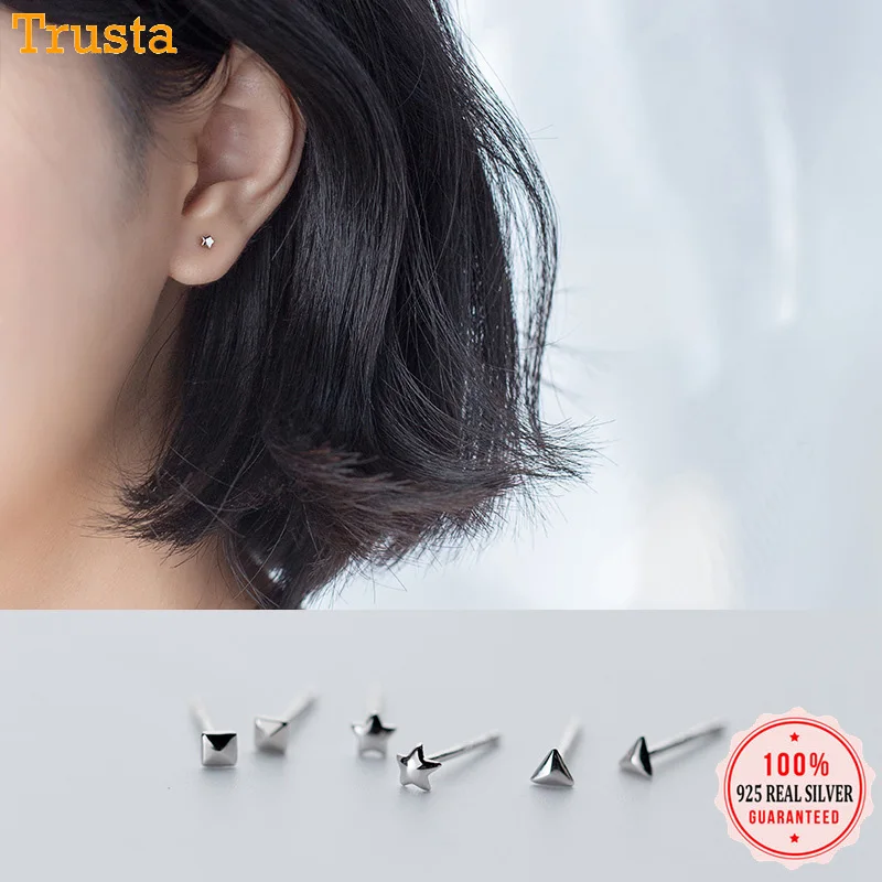

Trustdavis minimalist 100% 925 Sterling Silver Mini Star/Square/Triangle Stud Earring Gift For Women Girls Teens Lady DS1330