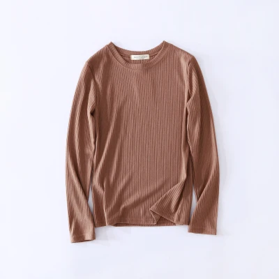 o neck khaki Новые тонкие женские трикотажные футболки с длинным рукавом и круглым вырезом, однотонные обтягивающие повседневные топы, зимние вязаные топы с высоким воротом - Цвет: o neck khaki
