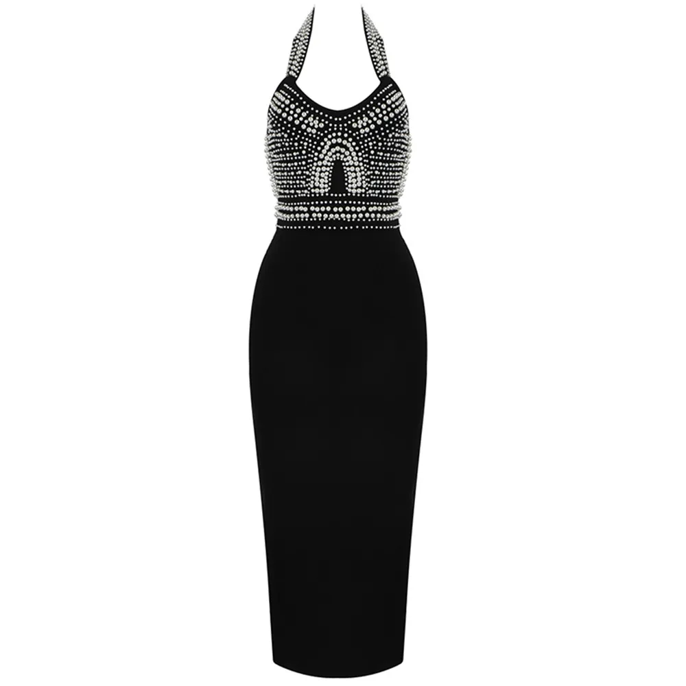 

Elegant New Bandage Dress 2021 Black Halter Sleeveless White Beading Sexy Women Party Club Elegant Celebrity Bodycon Clothes