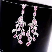 luxury jewelry pink zirconia leaf earrings for women design sweet romantic wedding dangle jewellry statement long stud earring