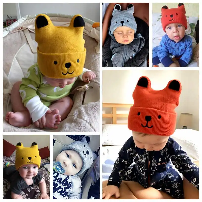 Cartoon Bear Baby Hat Winter Newborn Girls Boys Warm Cute Beanie Cap Knit Hats For Kids Children Christmas Gift | Детская одежда и